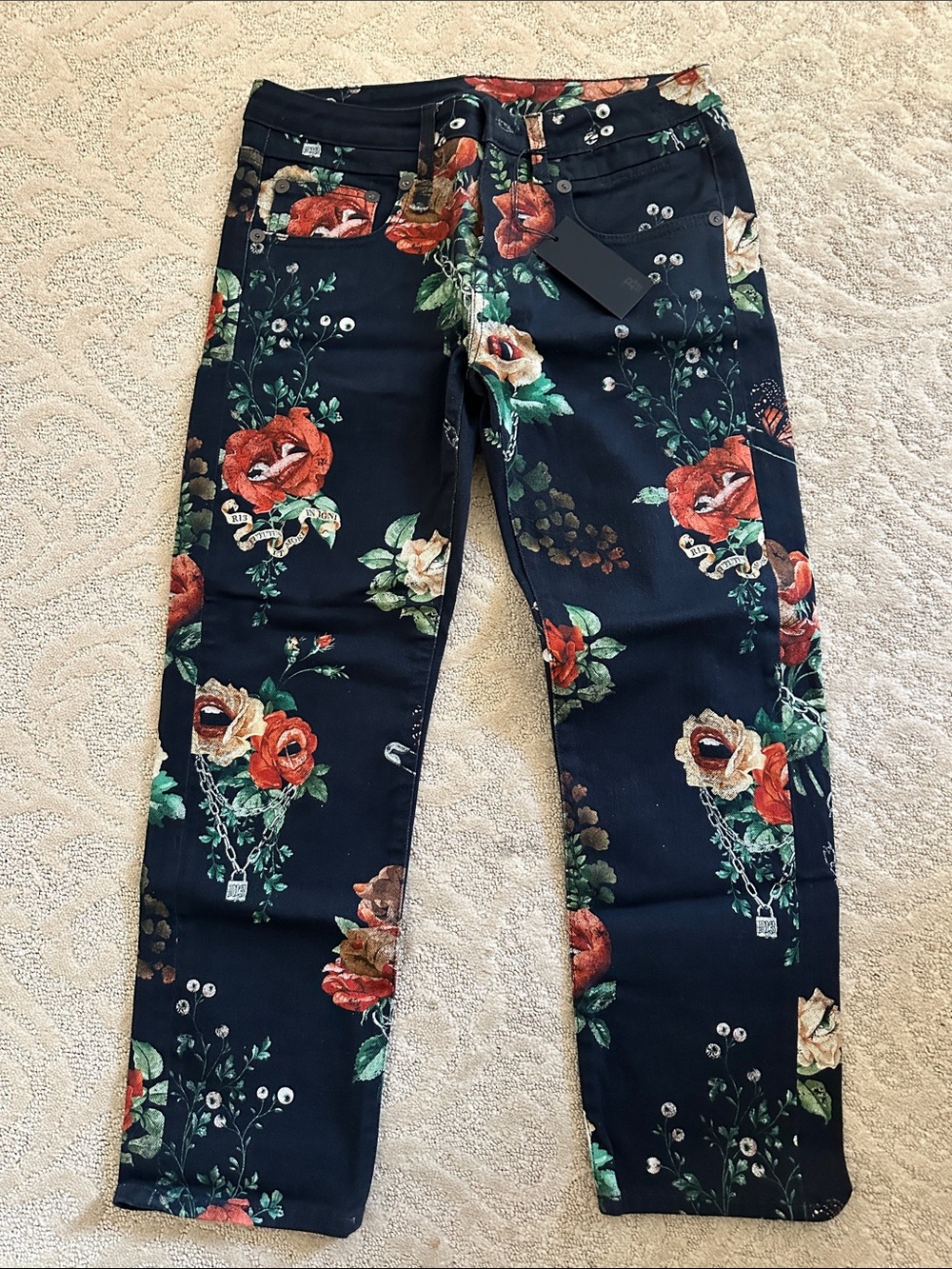 R13 NWT Black Floral Useless Treasure Straight-Leg Jeans in Size 26